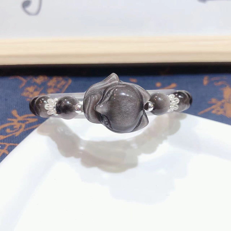 Natural Obsidian Fox Bracelet For Women 8mm Beads Gift