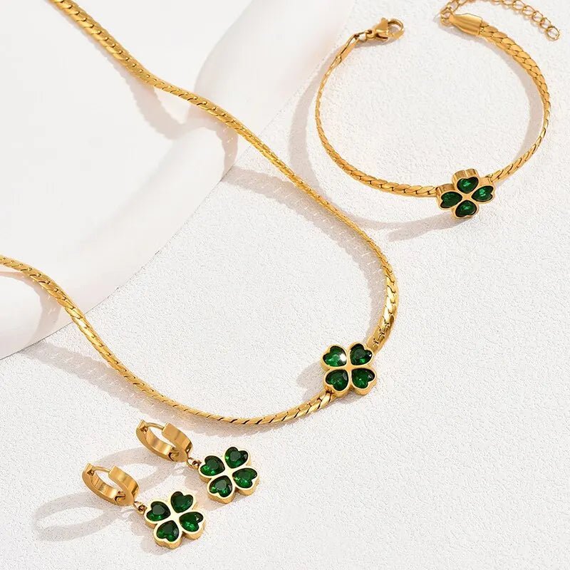 Emerald Four Leaf Clover Necklace, Bracelet, and Earring Set