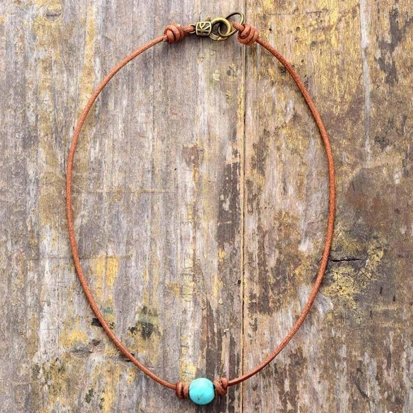 Handmade Leather & Turquoise Bead Choker Necklace™