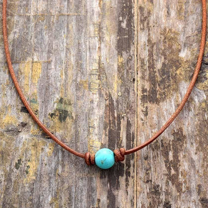 Handmade Leather & Turquoise Bead Choker Necklace™