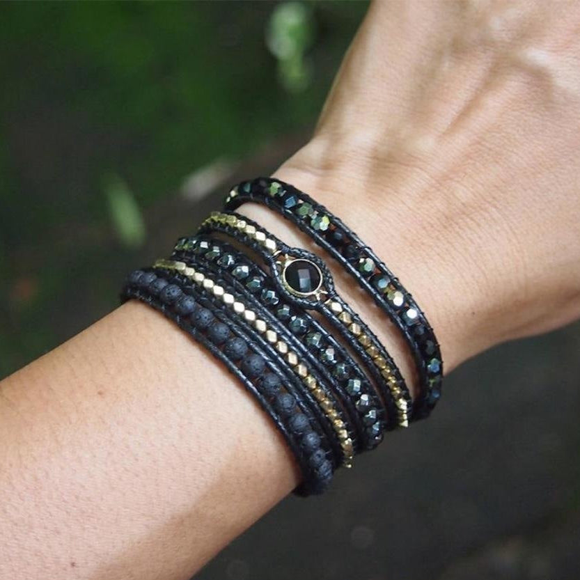 Handmade Natural Black Lava Stone & Hematite Gemstone Wrap Bracelet™