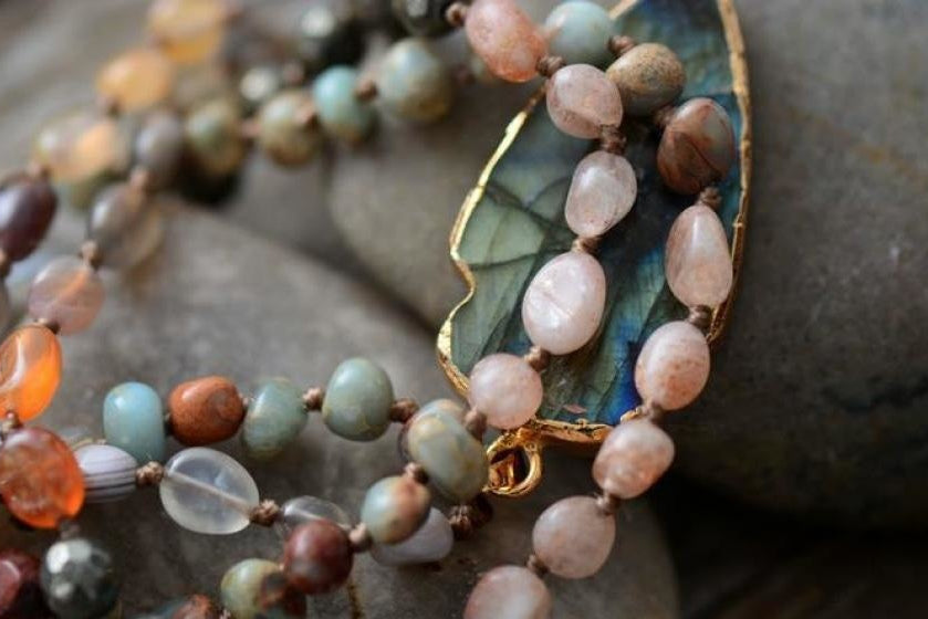 Handmade Natural Strawberry Quartz & Pyrite Necklace with Labradorite Pendant™