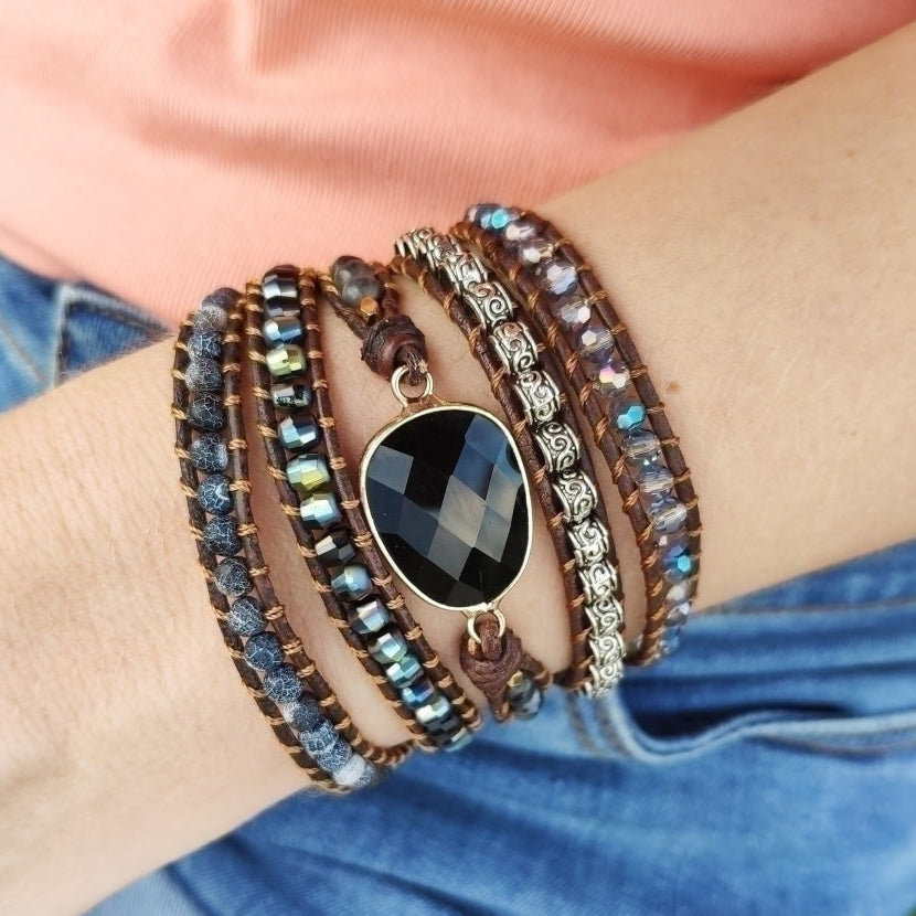 Natural Black Onyx Beaded Wrap Bracelet™