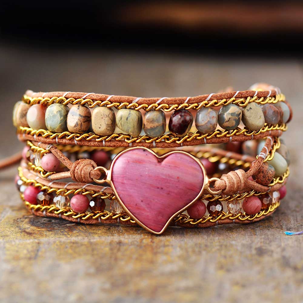 Rhodonite Heart Wrap Bracelet